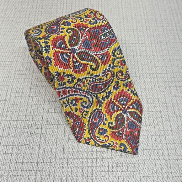 J CREW‎ Yellow Multicolored Paisley Silk Woven Twill Tie Made in USA - Picture 1 of 6